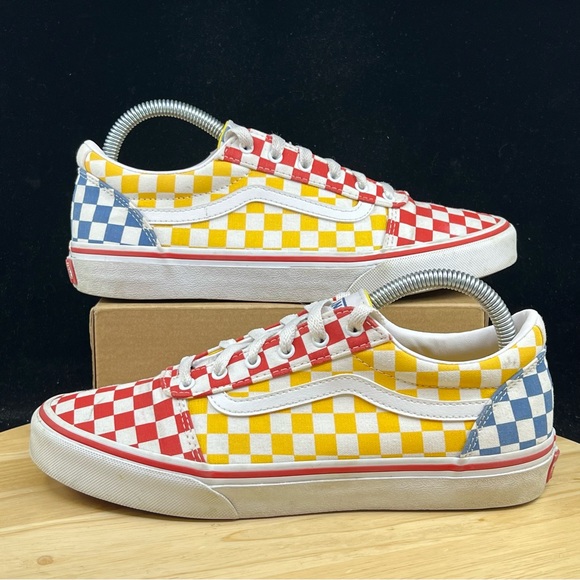 Vans Shoes - Vans Old Skool Red/ Blue/ Yellow Checkerboard Sz 6Y/Women’s Size 7.5 Skate Shoes